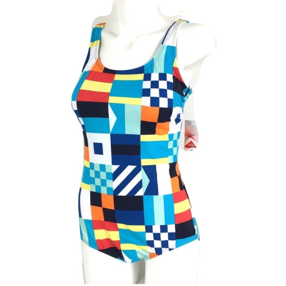 Lands End Womens One Piece Swimsuit Blue Flag Print Size 12 NWT Nautical Geo